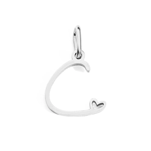 Polished silver stainless steel letter C pendant with a small hollow heart detail
