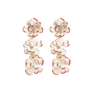 Three-tier white flower drop earrings with red edges and silver needles for women