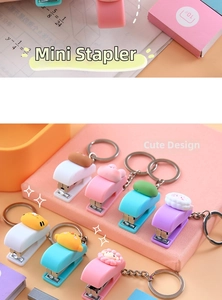 Macro detail of colorful mini stapler keychains in various macaron colors for students