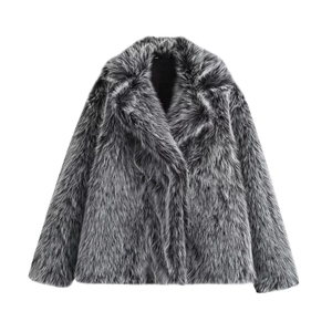 Close-up of thick faux fur texture and lapel design on this cropped winter coat