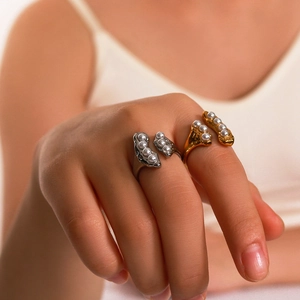 French vintage 18K gold plated stainless steel open ring with pearls for women