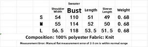 Size chart table for knit sweater with measurements for shoulder, bust, length and sleeve