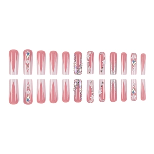 French tip coffin fake nails with 3D white flowers, pearls, and crystals in pink tones
