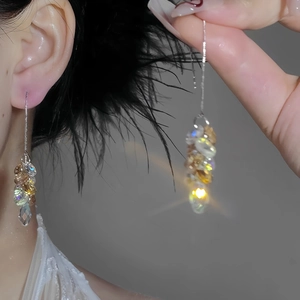 Long silver needle chain earrings with colorful glass tassel charms in luxury style