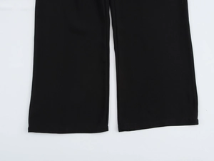 Detail view of smooth black wide-leg trousers fabric and clean hemline design
