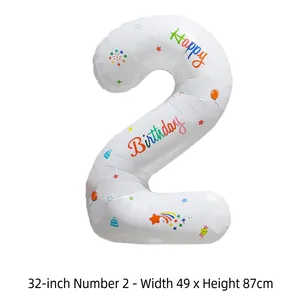 Ballon chiffre 2 en aluminium blanc 32 pouces avec imprimé Happy Birthday coloré