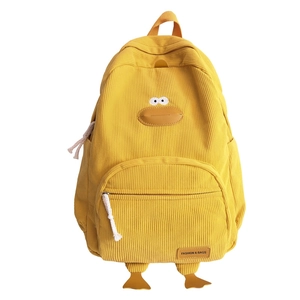 Cute yellow corduroy cartoon duck backpack for women with 3D feet and embroidery