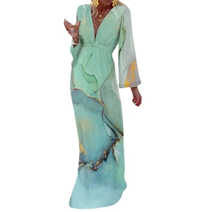 Bohemian V-neck maxi dress with green marble print and lantern sleeves for beach vacation