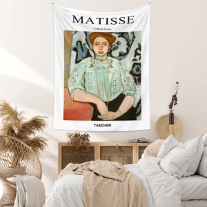 Detailed texture of bohemian tapestry featuring Matisse Greta Moll artwork on room wall