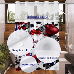 Christmas shower curtain with snap-in liner, magnetic bottom and festive ornaments
