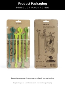 Detail of four cactus-shaped long handle stirrers in eco-friendly green ABS material