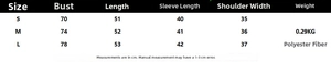 Size chart for gradient knit top detailing bust, length, and polyester material info