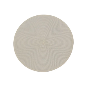 Minimalist beige woven round table mat with concentric texture on white background