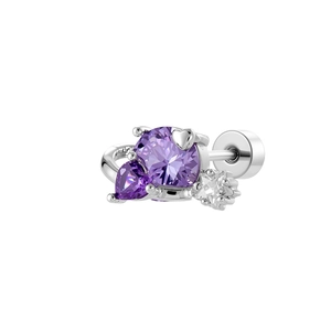 Clou d'oreille à vis avec pierres violettes ronde et cœur et une étoile transparente