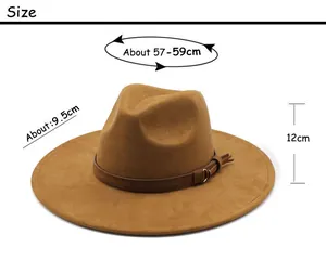 Size chart for wide brim fedora showing 57-59cm circumference and 9.5cm brim width