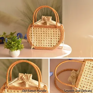 Handwoven rattan picnic basket bag with vintage weave and drawstring inner liner