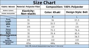 Detailed size chart for women's short trench coat showing measurements in centimeters