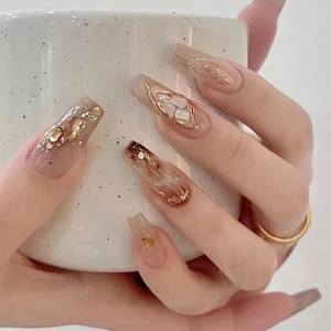 Press On Nails Long Coffin Nude Pink Marble Texture Gold Foil Rhinestone Elegant Sweet False Nails For Women