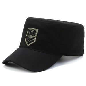 Men's black flat top military patrol cap with embroidered US shield patch and cotton canvas