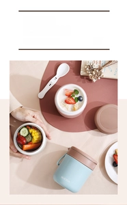 Detail of 304 stainless steel breakfast cup showing split-structure lid and folding spoon