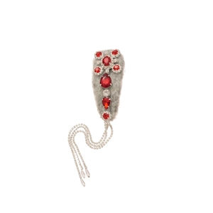 Gray flocked waterdrop hair clip with red rhinestones and sparkling tassel chains