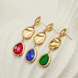 Waterdrop Czech glass stone earrings in red blue green colors with 18k gold plating