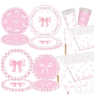Pink Watercolor Bow Party Tableware Disposable Paper Plates Cups Tablecloth Napkins Plastic Cutlery For Girls Birthday Baby Shower