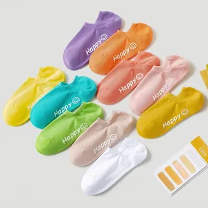 Women Cotton Low Cut Boat Socks Non Slip Breathable Invisible Candy Color Smile Face Happy Print Sweet Soft Casual