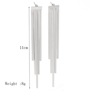 Detail view of 11cm silver stainless steel tassel earrings showing length and weight info