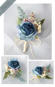 Detail of foggy blue artificial rose boutonniere with twine handle and berries