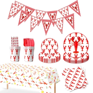 Lobster themed disposable party tableware set with red white gingham patterns for summer BBQ