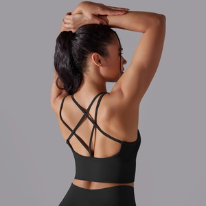 Détail du soutien-gorge de sport noir avec dos croisé, texture côtelée et large bande
