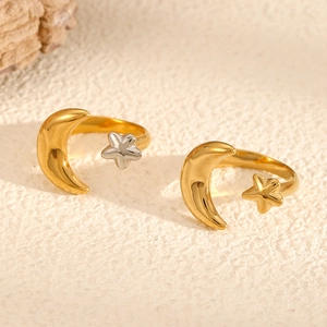 Stainless Steel Star Moon Ring For Women Adjustable Open Celestial Jewelry Ins Style Gold Plated Elegant Minimalist