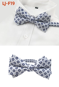 Detail of blue floral bow tie on white shirt and solo product view for formal events