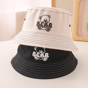 Kids Cotton Bucket Hat Cute Cartoon Bear Embroidery Sun Protection Wide Brim Basin Cap With Windproof Rope For Boys Girls