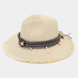 Women Straw Fedora Hat Wide Brim Bohemian Tassel Turquoise Sun Protection Summer Beach Vacation Breathable Panama Style