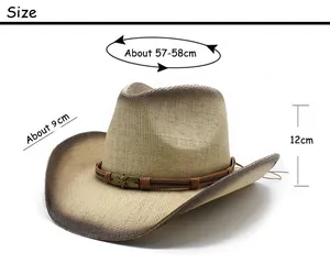 Size chart showing circumference, brim, and height for the western straw cowboy hat