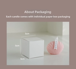 Pink shell scented candle in white gift box with 5x5x5cm dimensions and hang tag