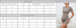 Size chart for seamless maternity yoga set featuring short sleeve top and shorts