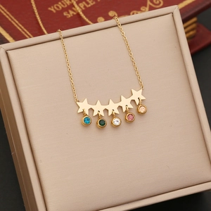 Star zircon necklace with colorful gemstones and gold-plated fringe tassel chain