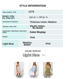 Detailed size chart and fabric info for floral print sleeveless tiered mini dress