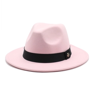 Pink wool felt fedora with black grosgrain ribbon and golden M emblem on white background