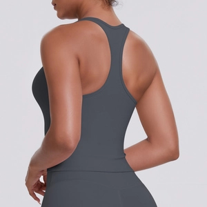 Close-up of charcoal gray racerback yoga tank top with moisture-wicking fabric