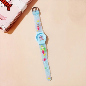 Kids cartoon mermaid watch with light blue silicone strap and 3D colorful sea motifs