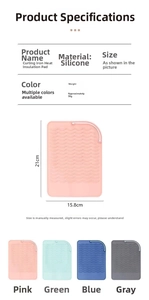 Detailed size chart for heat-resistant silicone styling tool mats in four colors