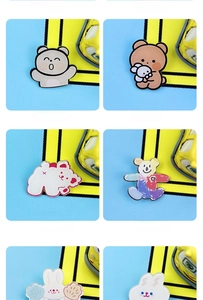 Detailed grid of cute acrylic bear and rabbit pins for girl's backpack accessories