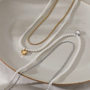 Double-layered gold and silver stainless steel heart pendant necklaces with pearls