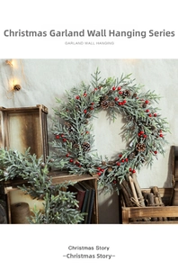 Christmas wreath with green pine needles, brown cones and red berries on rustic wood
