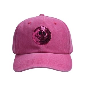 Fuchsia washed cotton baseball cap with sequined smiley face and adjustable vintage strap