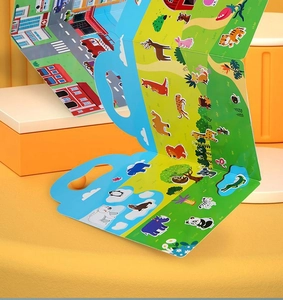 Detailed view of kids foldable sticker book featuring colorful animal and city illustrations